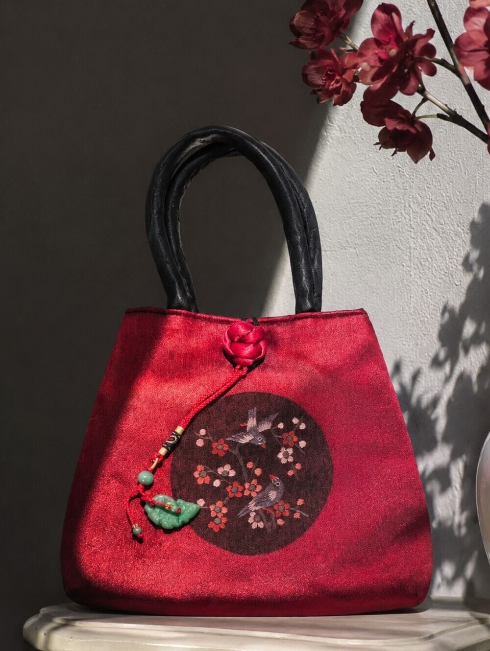 Vintage Red Satin Embroidered Mini Handbag Asian Inspired Birds Jade Purse Y2K